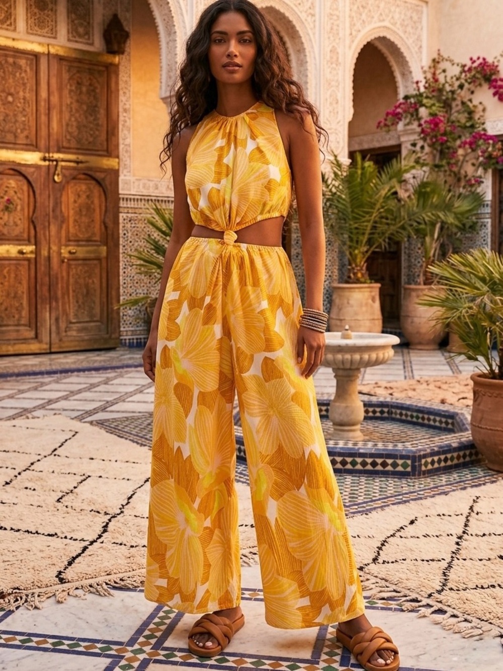 FAITHFULL THE BRAND Yellow Floral Faithfull Majorie Wide-Leg Jumpsuit size  2
